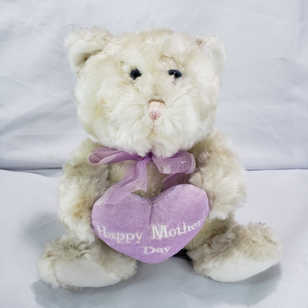 The Petting Zoo Mother's Day Beige Cat Plush Stuffed Toy Purple Heart 8 Inch 94